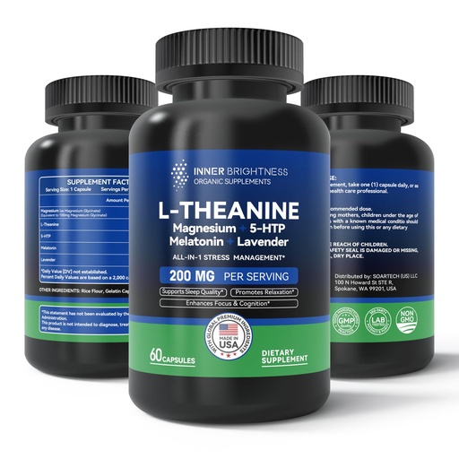 [BRSRA2YYB4JRAAY3] L Theanine 200mg, Magnesium, 5-HTP & Melatonin – All-in-1 L-Theanine Supplement for Stress Relief, Focus & Cognition, Sleep - 60 Capsules