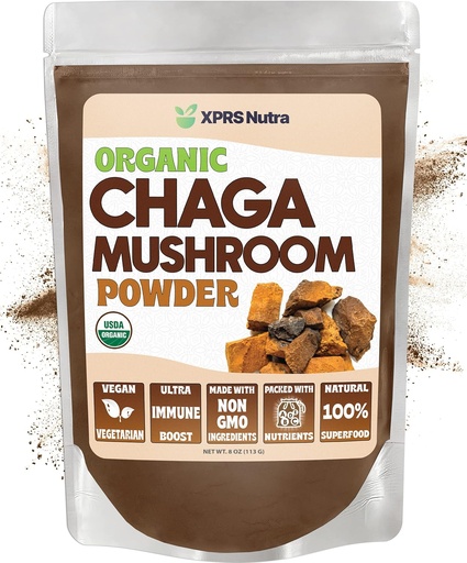 [BRSW22QCBNYBOE37] XPRS Nutra Organic Chaga Mushroom Powder - Premium USDA Organic Chaga Mushrooms Powder - Chaga Powder Supports Immune Health - Vegan Friendly Superfood for Chaga Tea and Beverages (8 oz)