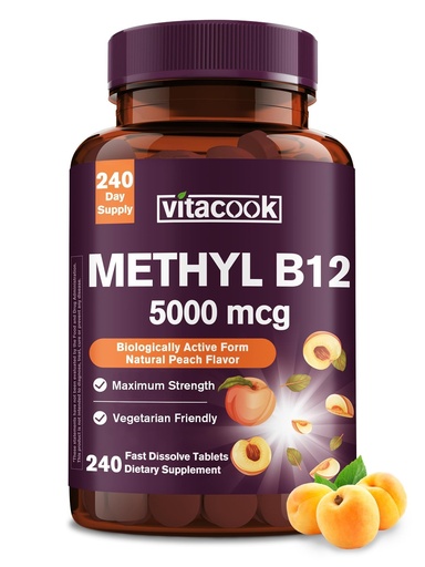 [BRSRAHA5OJYAIGTK] Vitamin B12 Sublingual, Methylcobalamin 5000mcg for Energy Production, Energy, Nerve & Cell Support, Natural Peach Flavor, Vegan, Zero Sugar, 240 Fast Dissolve Tablets