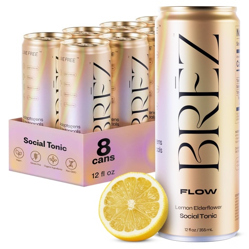 [BRSRAZAEOJ5WMEI7] BRĒZ FLOW Alcohol Alternative Drink – Non Alcoholic Sparkling Drink with Lion’s Mane Mushroom, Lemon Elderflower, Adaptogen Beverage for Mood & Focus, Alcohol Alternatives with a Buzz, 8 Pk 12 Fl Oz