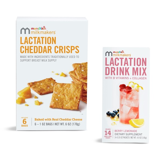 [BRSW2GAQAUHGME3X] Munchkin® Milkmakers® Lactation Drink Mix Supplement with B Vitamin & Milk Thistle, 14 Count and Lactation Cheddar Crisps for Breastfeeding Moms with Oats and Flax, 6 Count