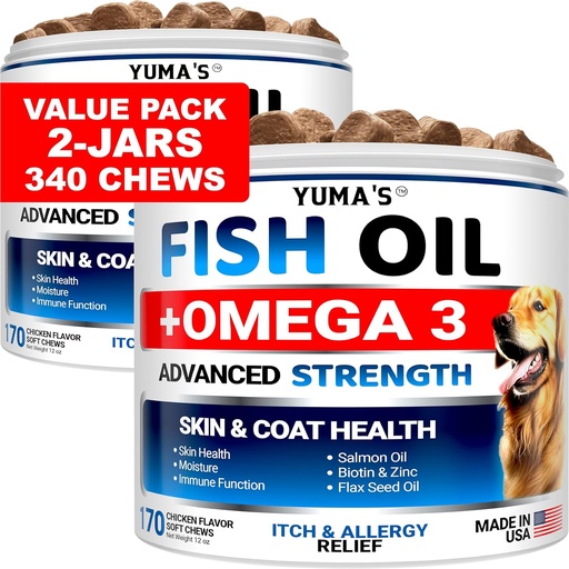 [BRSRAYAZAUMBQA33] (2 Pack) Omega 3 Fiskeolje for hunder - 170 Chews - Hud og Coat Supplement - Omega 3 for hunder - Tørr og kløende hud relief behandling - Allergi støttehund Anti Shedding behandlinger - laks - Kylling Flavor