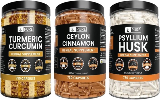[BRSROEAFPMBG2YDD] PURE ORIGINAL INGREDIENTS Ceylon Cinnamon, Psyllium Husk, and Turmeric Capsule Bundle (730 Capsules Each), No Magnesium or Rice Fillers