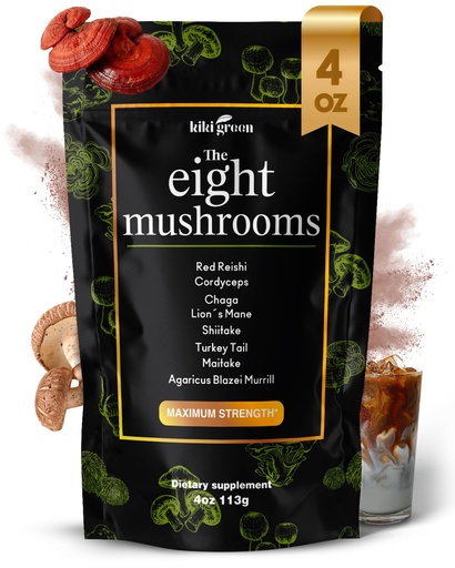 [BRSWYHT2PMFAIE3F] KIKI Green 8 Mushrooms Powder Extract - 4 oz Adaptogenic Complex for Coffee and Smoothies - Lion's Mane, Chaga, Reishi, Cordyceps, Maitake, Shiitake - Focus and Energy