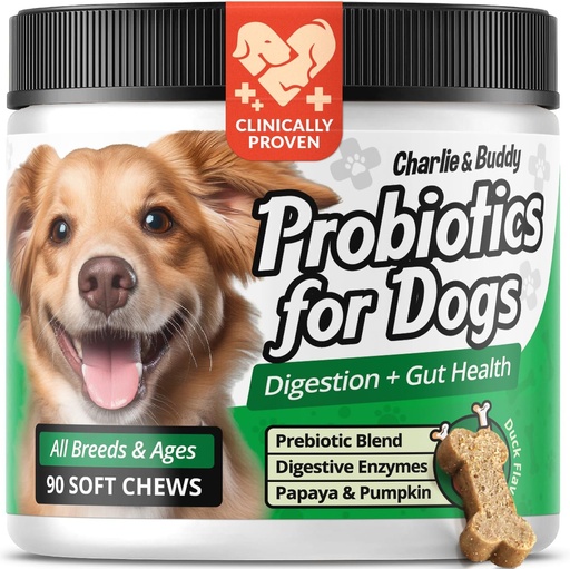 [BRSRA2T7CQNWOFD4] Charlie & Buddy Pet Probiotics for Dogs Aid Gut Flora, Dog Probiotics for Digestive Health with Digestive Enzymes, Pumpkin, and Papaya for Upset Stomach, 90 Soft Probiotic Chews for Dogs, Duck Flavor