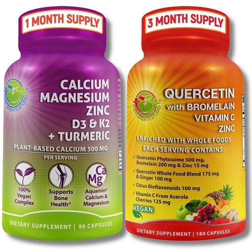 [BRSRAHAYCUCQ4ADX] Quercetin with Bromelain, Vitamin C & Zinc + Plant-Based Calcium, Magnesium, D3, K2 & Turmeric – 100% Vegan Supplement Bundle for Immune & Bone Support