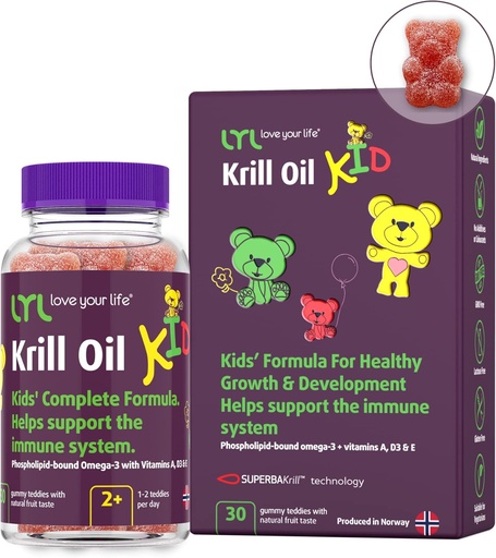 [BRSWYZY5AEIW2CLZ] LYL Krill Oil Kid Gummy Bears with Vitamin D 3, Vitamin E and Vitamin A - phospholipid-Bound Omega 3 for Healthy Growth & Development - Gummy Bears with Orange, Apple & Raspberries Taste (Pack of 30)