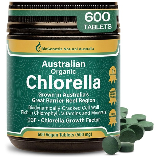 [BRSW2BQ3O4NAAD34] Biogenesis Organic Chlorella Tablets – 600 Count (500mg) | Australian Grown | BioDynamic Cracked Cell Wall | Rich in Chlorophyll, Vitamins & Minerals | Supports Energy & Immunity | Vegan Tablets