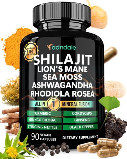 [BRSROAICAUIGMYIU] Adndale Shilajit for Men and Women. Pure Himalayan Organic Shilajit Capsules with Sea Moss Ashwagandha Rhodiola Rosea Lion’s Mane. 90 Count