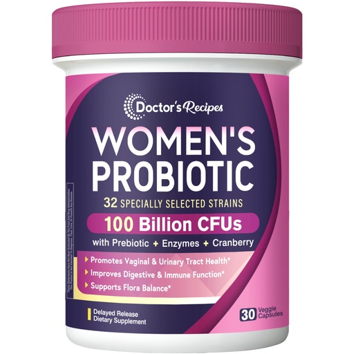 [BRSWYGAKCMFGK3LG] Doctor's Recipes Probiotics for Women, 100 Billion CFU 32 Strains, with Prebiotic, Enzymes & Cranberry, Shelf Stable, Delayed Release, 30 Caps
