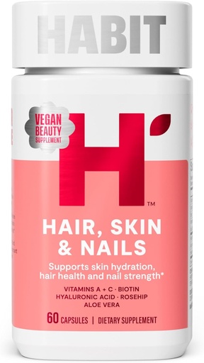[BRSRAYL4O4GR4CDF] Habit Hair, Skin & Nails Addition (60 капсули) - New Look, Подкрепете Skin Hydration, Hair & Nail Strength, Biotin 2000mcg, Витамин A & C, Hyaluronic Acid, Rosehip, Веган, Non-GMO (1 Pack)