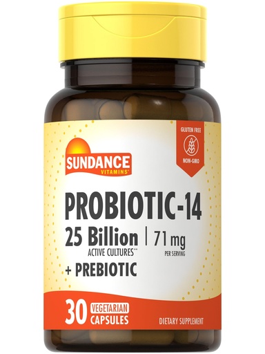 [BRSROAIBAANWK2T4] Sundance Probiotic-14 | 25 Billion Cultures | 30 Capsules | with Prebiotics | Vegetarian, Non-GMO, and Gluten Free Supplement