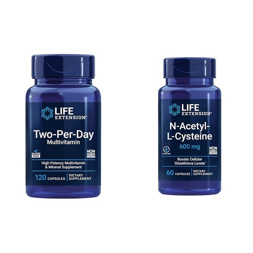 [BRSRAYYYOUNBGFL7] Life Extension Two-Per-Day Multivitamin, Vitamins B, C, D, zinc, 25 Vitamins, Minerals & extracts, 120 Capsules Bundle with N-Acetyl-L-Cysteine (NAC) 600 mg, 60 Capsules