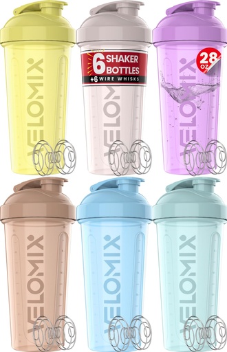 [BRSRAHQECQOWEYIU] VELOMIX 6 Pack 28 oz Protein Shaker Bottle for Mixes - 6 Wire Whisk Balls | Leak Proof Cups for Supplements | BPA-Free Gym & Fitness (Pastel Power Series)