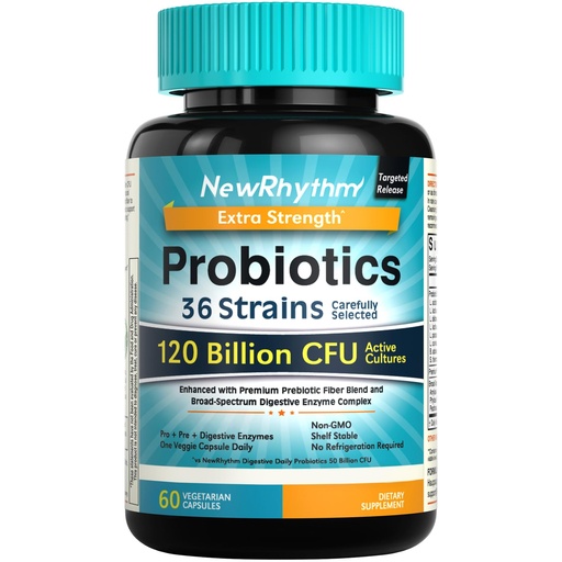 [BRSRAHYKC4NRUAAV] NewRhythm Probiotics 120 Billion CFU 36 Strains, 3-in-1 Probiotics with Prebiotics & Enzymes, Probioticos for Women & Men, Vegan Targeted Release Supplement, 60ct
