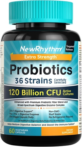 [BRSRAHYKC4NRUAAV] NewRhythm Probiotics 120 Billion KSV 36 Trans, 3- in-1 Probiotics for Digistive Health & Immune Support with Prebiotics & Ferzymes, Probioticos for Women & Men, Tikslinis išleidimas, 60 Veggie Caps