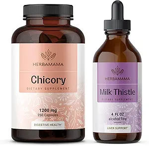 [BRSRAGAYCEFAMAD4] HERBAMAMA Chicory and Milk Thistle Kit - Bundle of 1200 mg Chicory Root Capsules & Milk Thistle Tincture 4 fl oz - Vegan, Non-GMO, Sugar & Alcohol-Free - 2 Pack