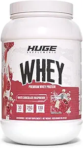 [BRSROBL7OQMGA23O] Huge Whey, Protein Powder for Muscle Gain, 25g Protein, 12g EAAs, Supports Muscle Growth, Performance & Recovery (White Chocolate Raspberry, 30 Servings)