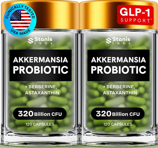 [BRSRAGIQCQOWYYLV] Akkermansia Muciniphila Probiotics 320 Billion CFU| GLP-1 Probiotic and Prebiotic | Akkermansia Probiotics for gut health | Inulin Prebiotic Fiber Capsules Astaxanthin & Berberine & Chromium 240 count