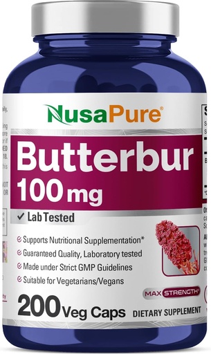 [BRSWGZLQA56WEYI2] NusaPure Butterbur Extract 100mg per caps 200 Veggie Capsules (Non-GMO, Vegetarian, Vegan)