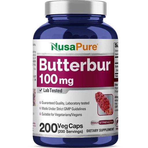 [BRSWGZLQA56WEYI2] NusaPure Butterbur Extract 100mg per caps 200 Veggie Capsules (Non-GMO, Vegetarian, Vegan)