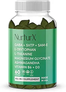 [BRSROADQCQMGEHT7] GABA + 5-HTP + SAM-e, L-Tryptophan, L-Theanine, Ashwagandha Gummies, All-in-One Natural Supplement, Made in USA, Vegan, 60 Gummies