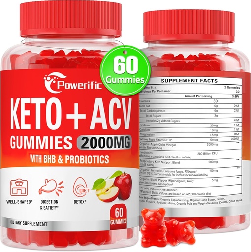 [BRSRAYINBMBQMCTA] Apple Siideri Viinietikka Gummies, GLP-1 Tuki Keto ACV Gummies Max Vahvuus 2000mg Apple Siideri Viinietikka äiti, Probiootit ja B12-vitamiini, digestio, aineenvaihdunta, puhdistus ja detox ruokavalio, 60