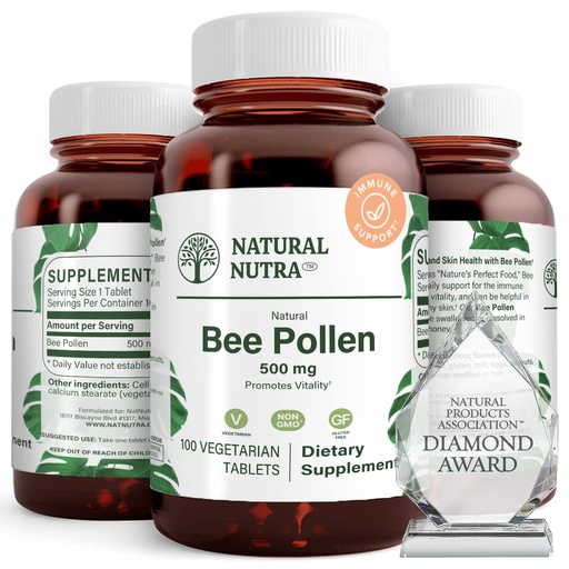 [BRSWGEAEBEBBEGQ7] Natural Nutra Bee Pollen 500 mg, Helps Promote Vitality and Immune System, Improve Overall Health, Helps Improve Body Stamina, 100 Tablets