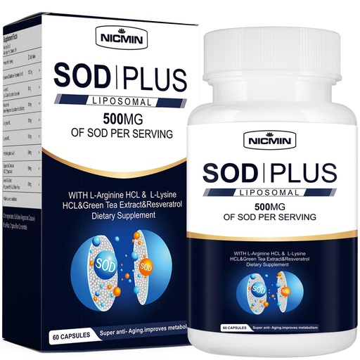 [BRSROBT4A4BQ4YAY] Superoxide Dismutase Supplement 500mg - SOD Plus with liposomal glutathione, AKG, Green Tea Extract, L-Arginine, Lysine, Resveratrol and Vitamin E for Immune Support, Antioxidant 60 Capsules
