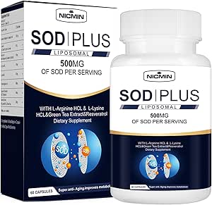 [BRSROBT4A4BQ4YAY] Superoxide Dismutase Supplement 500mg - SOD Plus with liposomal glutathione, AKG, Green Tea Extract, L-Arginine, Lysine, Resveratrol and Vitamin E for Immune Support, Antioxidant 60 Capsules
