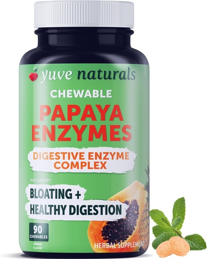 [BRSWGFIDCABGCELX] Yuve Naturals Chewable Papaya Enzymes - Sugar-Free Plant-Based Digestive Enzyme Complex for Gas, Bloating & Post-Meal Comfort - Vegan, Non-GMO, Gluten-Free - 90ct