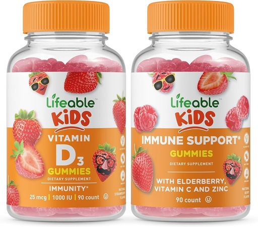 [BRSW2HQTAENGYCD2] Lifeable Vitamin D Kids + Immune Support Kids, Gummies Bundle - Great Tasting, Vitamin Supplement, Gluten Free, GMO Free, Chewable Gummy