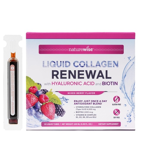 [BRSROGQFBUARGCTD] NatureWise Hydrolyzed Liquid Collagen for Women & Men 4000mg - High Absorption, Type 1 & 3 Peptides with Biotin + Vitamin C + Vitamin B Complex & Hyaluronic Acid -Mixed Berry - 10 Tubes[10 Day Supply]