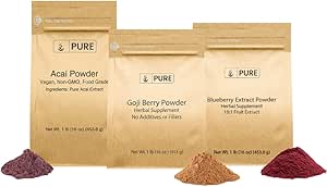[BRSROZIPAUOWYETP] PURE ORIGINAL INGREDIENTS Berry Powder Bundle, (1 lb Each) Acai Powder, Goji Berry Powder, Blueberry Powder, Herbal Supplements