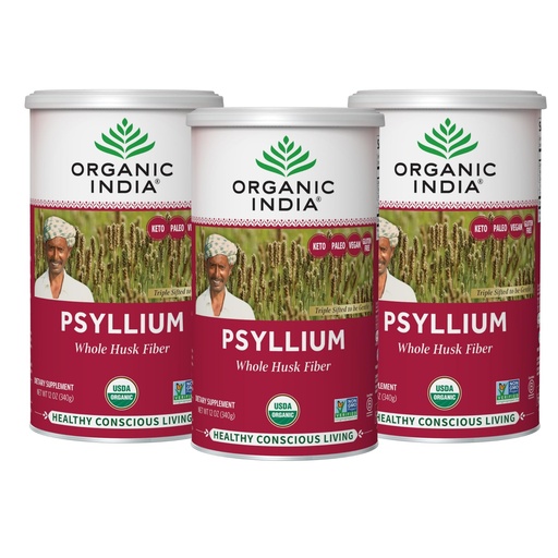 [BRSWIYYMOMIWAF3G] ORGANIC INDIA Psyllium Herbal Powder - Whole Husk Fiber, Healthy Elimination, Keto Friendly, Vegan, Gluten-Free, USDA Certified Organic, Non-GMO, Soluble & Insoluble Fiber - 12 oz Canister, 3 Pack