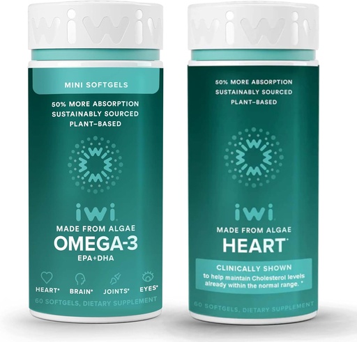 [BRSRAYL7CIBAIADG] Iwi Omega-3 Minis & Heart Omega-3 Bundle, 30 Servings, Vegan Plant-Based Algae Omega 3, Krill & Fish Oil Alternative, No Fishy Aftertaste