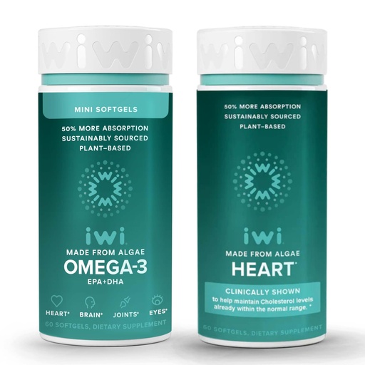 [BRSRAYL7CIBAIADG] Iwi Omega-3 Minis & Heart Omega-3 Bundle, 30 Servings, Vegan Plant-Based Algae Omega 3, Krill & Fish Oil Alternative, No Fishy Aftertaste