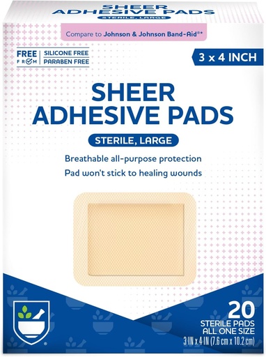 [BRSWI2QRBINWYFLM] Rite Aid Sheer Adhesive Bandages with Sterile Non Stick Pad, 3" x 4" - 20 Count | Wound Care/First Aid Supplies | Bandage Wrap | Medical Tape for Skin Bandages