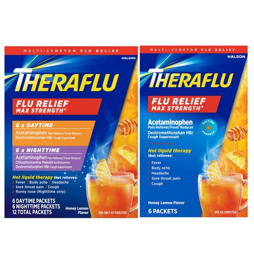 [BRSRMEABA56Q2ETK] Theraflu Max Strength Daytime & Nighttime Flu Symptom Relief Honey Lemon Flavor Powder & Daytime Flu Symptom Relief Honey Lemon Powder, 6 Daytime + 6 Nighttime, & 6 Honey Lemon Flavor Powder Packets