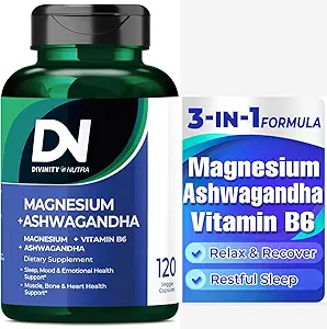 [BRSROBQBAUARAHLO] Divinity Nutra Magnesium Ashwagandha Supplement, Calming Magnesium Glycinate & Malate Vitamin B6 for Muscles Bone Health Support Muscle Recovery, Calm & Relaxation 468mg 120 ct (2 Month Supply)