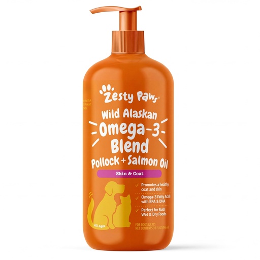[BRSROBAHCIFAGFDA] Zesty Paws Wild Alaskan Omega-3 Blend Pollock + Salmon Oil for Dogs and Cats- Skin and Coat Support, Omega 3 Supplement for Pets, 32oz