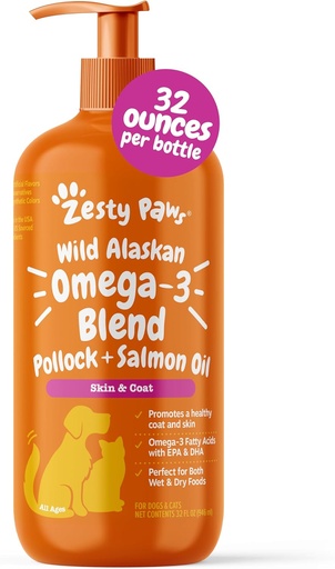 [BRSROBAHCIFAGFDA] Zesty Paws Wild Alaskan Omega-3 Blend Pollock + Salmon Oil for Dogs and Cats- Skin and Coat Support, Omega 3 Supplement for Pets, 32oz