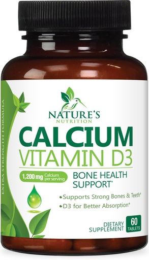[BRSWGAITBMNGG3DH] Calcium Supplement with Vitamin D3-1200 mg Calcium per Serving with D3 for Best Absorption - Supports Immune Health, Bones & Teeth - Nature's Calcium is Bottled in USA for Women & Men - 60 Tablets