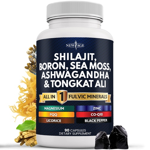[BRSRAYYNBYCRAYA4] NEW AGE Shilajit Supplement with Sea Moss, Ashwagandha, Tongkat Ali, Boron, Magnesium - Fulvic Acid Capsules for Men - 90 Count