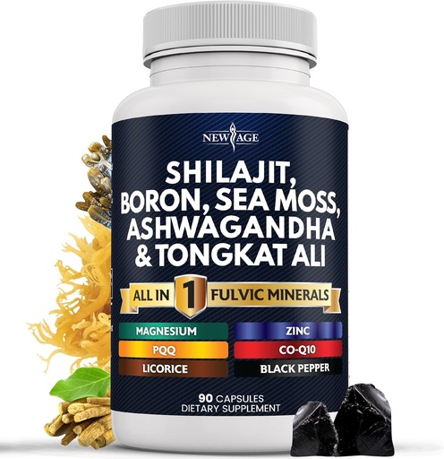 [BRSRAYYNBYCRAYA4] NEW AGE Shilajit Supplement with Sea Moss, Ashwagandha, Tongkat Ali, Boron, Magnesium - Fulvic Acid Capsules for Men - 90 Count