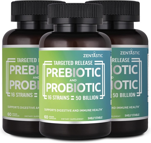 [BRSRM232DMJQYADD] Zentastic Probiotics & Prebiotics Supplement - 50 Billion CFU - for Men & Women’s Immune & Digestive Health - 16 Strains - Shelf Stable - 180 Delayed Release Veggie Capsules