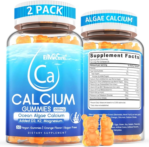 [BRSRMBD3AR5GY2D2] Calcio Gummies 600mg - Suplemento Calcio para Mujeres, Ocean Algae Calcio tóxico Vitamina D3, K2, Magnesio tención para Bone Strength, Muscle & Immnue Silenciosos Algae Calcium, 70+ Mineral, Vegan,2PACK
