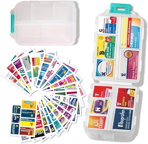 [BRSRA2YFC4CAACDO] Large Pill Organizer with Medicine Labels - 7 Day Travel Daily Container, Mini Medication Storage Case (White, 161 Labels)