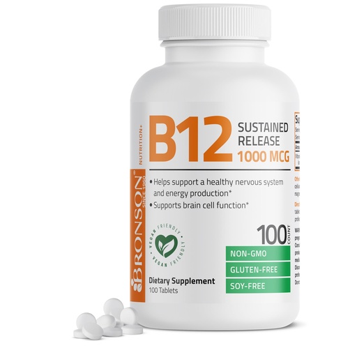 [BRSWIYT7DEDREETK] Bronson Vitamin B12 1000 mcg Sustained Release Premium Non GMO Tablets Supports Nervous System, Healthy Brain Function and Energy Production, 100 Count