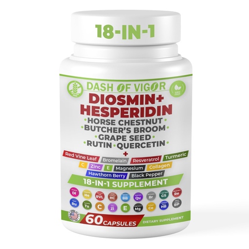 [BRSRAEINAAPQIALB] Dash of Vigor 18-in-1 Diosmin Hesperidin Supplement, Quercetin with Bromelain, Zinc, Vitamin C with Rutin Supplement, Horse Chestnut Extract, Butcher's Broom Extract, USA, 60 Capsules